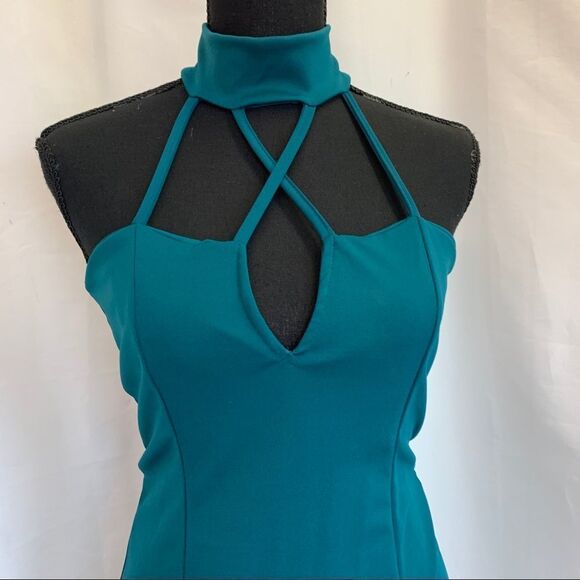 Teal green cutout crisscross choker bodycon dress Sz M - Picture 3 of 12